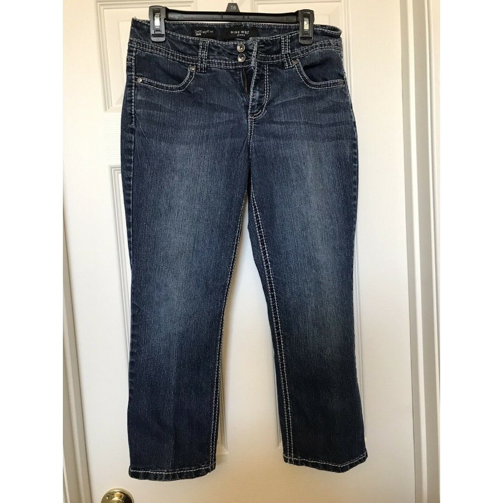 Nine West Indigo Blue Jeans Bling Back Flap Pockets Date Night Fit 28/6 GUC - Picture 2 of 7